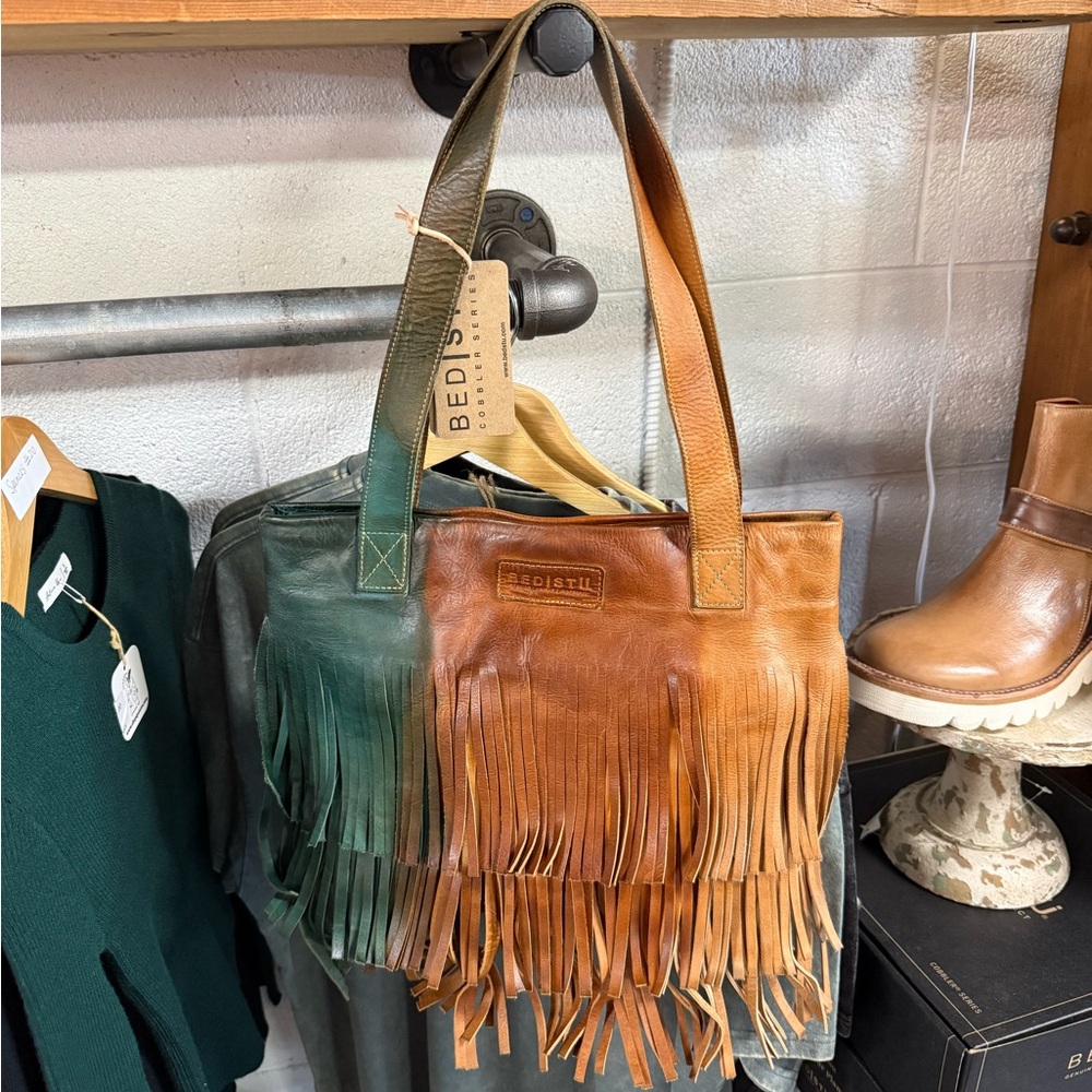 Bed Stu Two-Tone Fringe Leather Tote in Green & Tan- RIMES